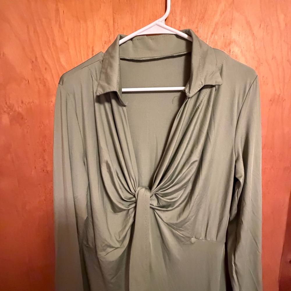 Olive Green Long-Sleeve Twist Front Jumpsuit - Picture 2 of 6
